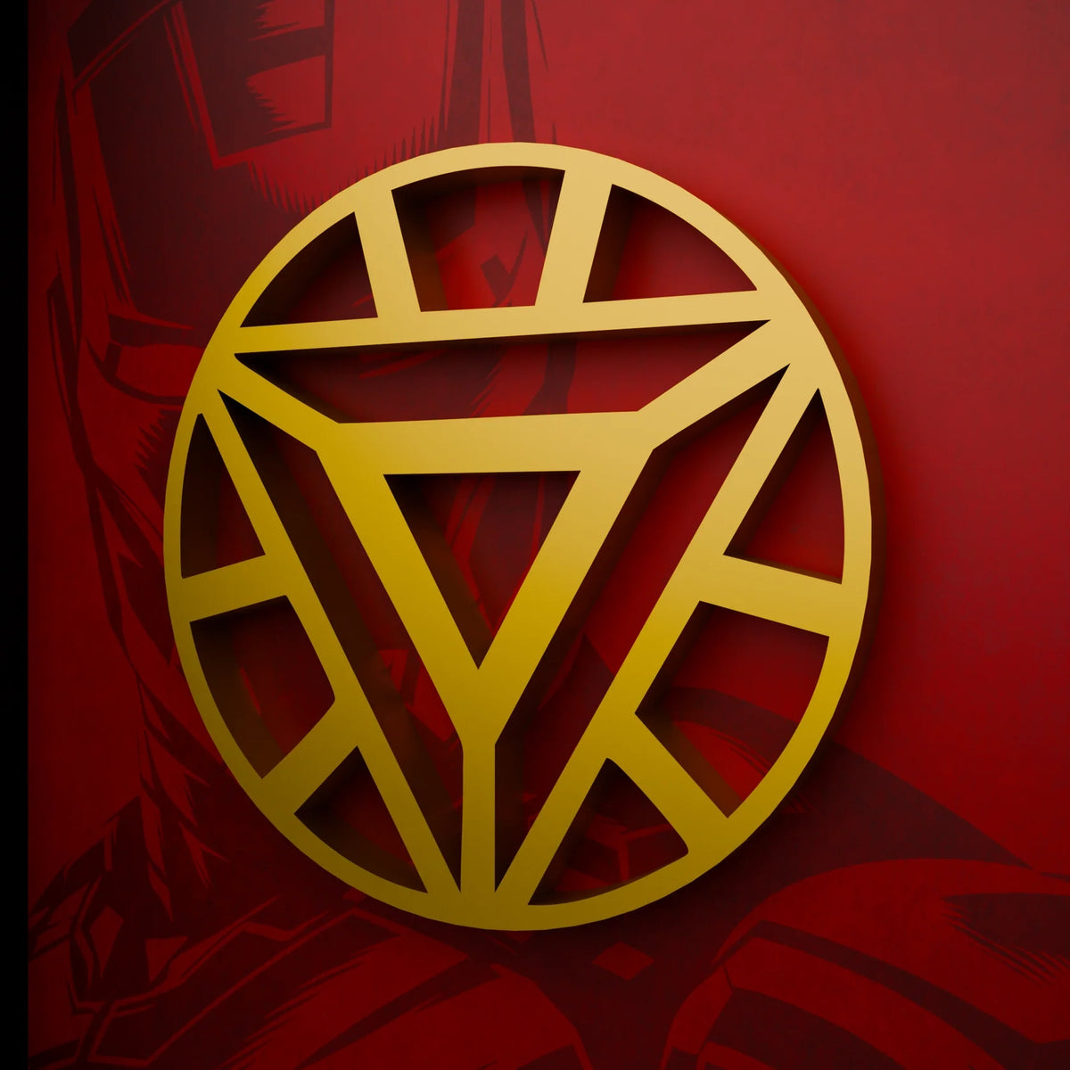 Iron Man 3D wall art frame with gold arc reactor and red superhero background