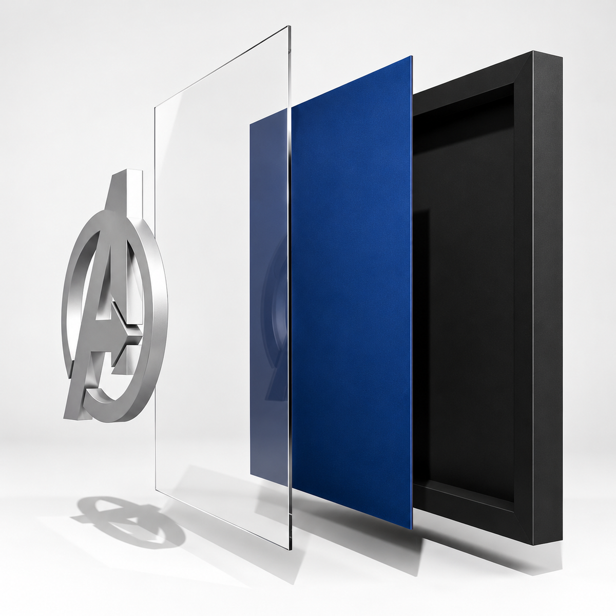 Premium Avengers 3D wall frame with silver Avengers emblem on deep blue background and black shadow box frame