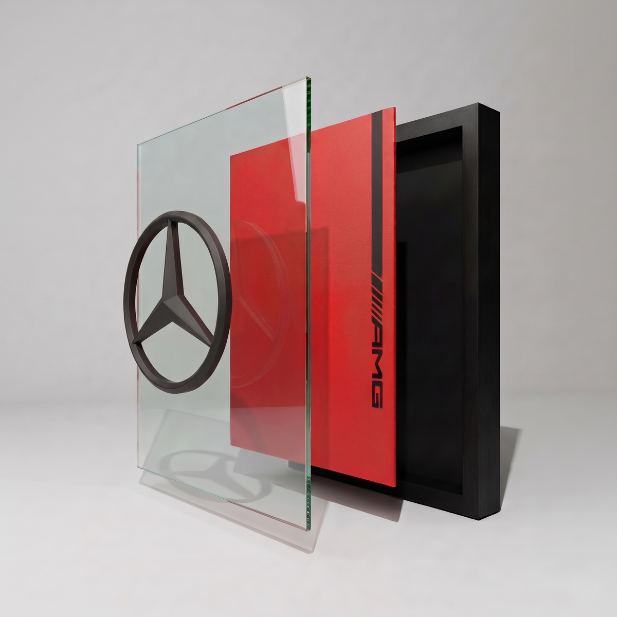 Premium Mercedes AMG 3D frame with black Mercedes logo on red background