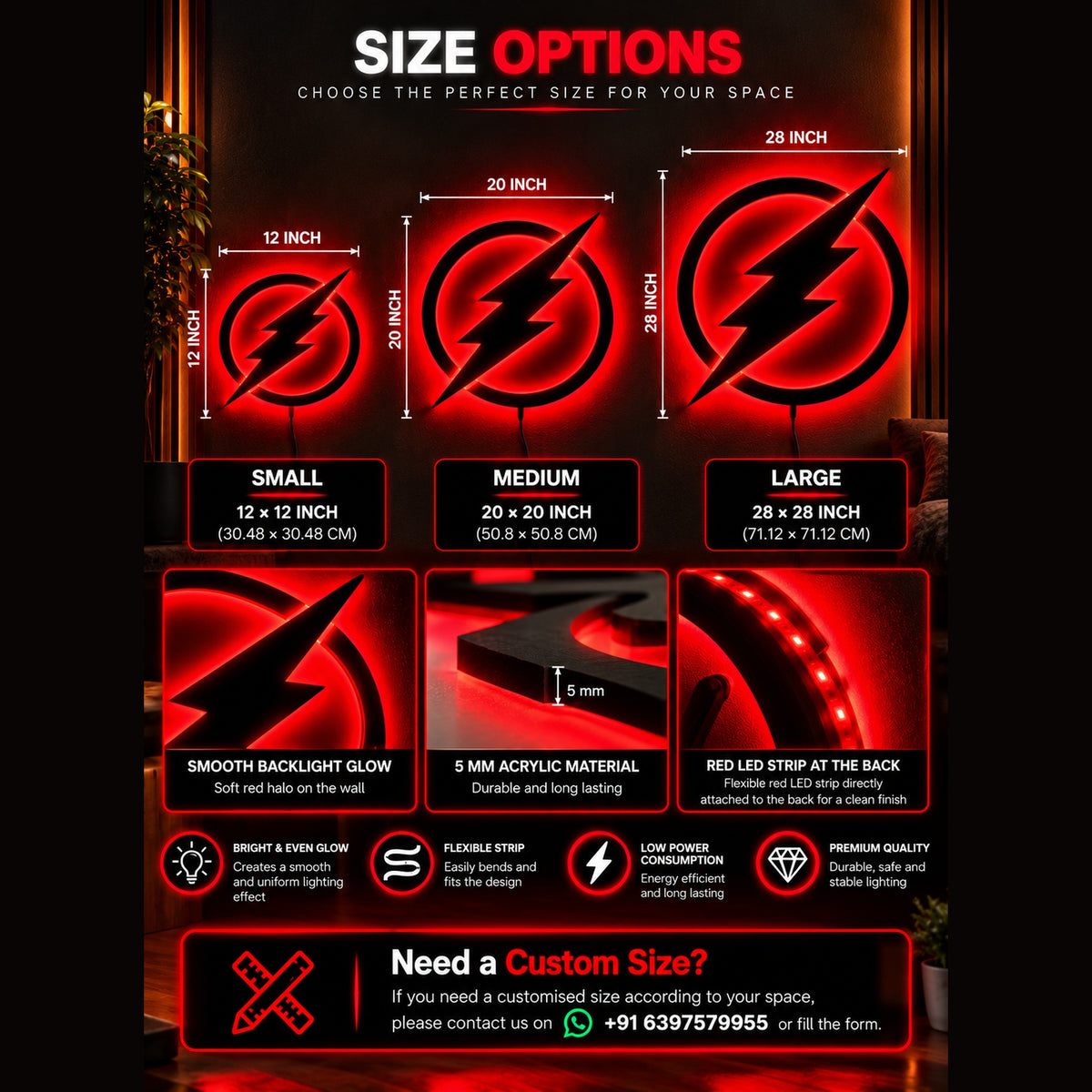 Premium Flash LED wall lamp with black lightning bolt and red yellow glowing light