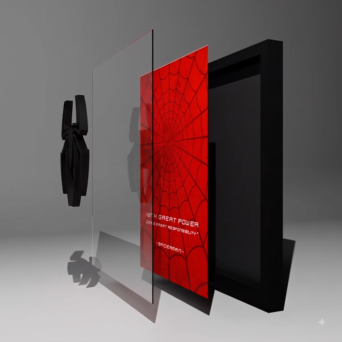 Spider-Man 3D wall frame with black raised spider emblem on red web background