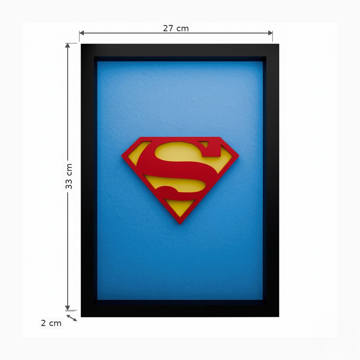 Premium Superman 3D shadow box frame with red and yellow emblem on blue background and black frame