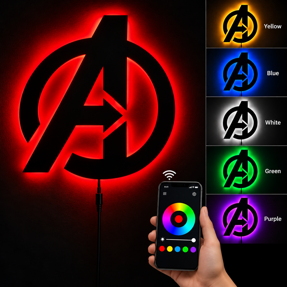Premium Avengers LED wall lamp with black Avengers emblem and red glowing light