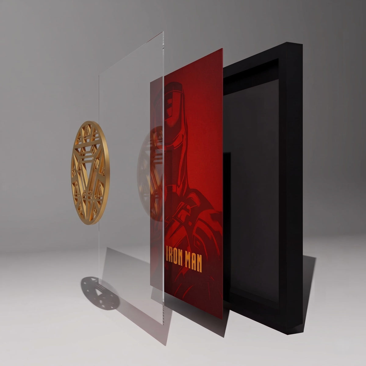 Iron Man 3D wall art frame with gold arc reactor and red superhero background