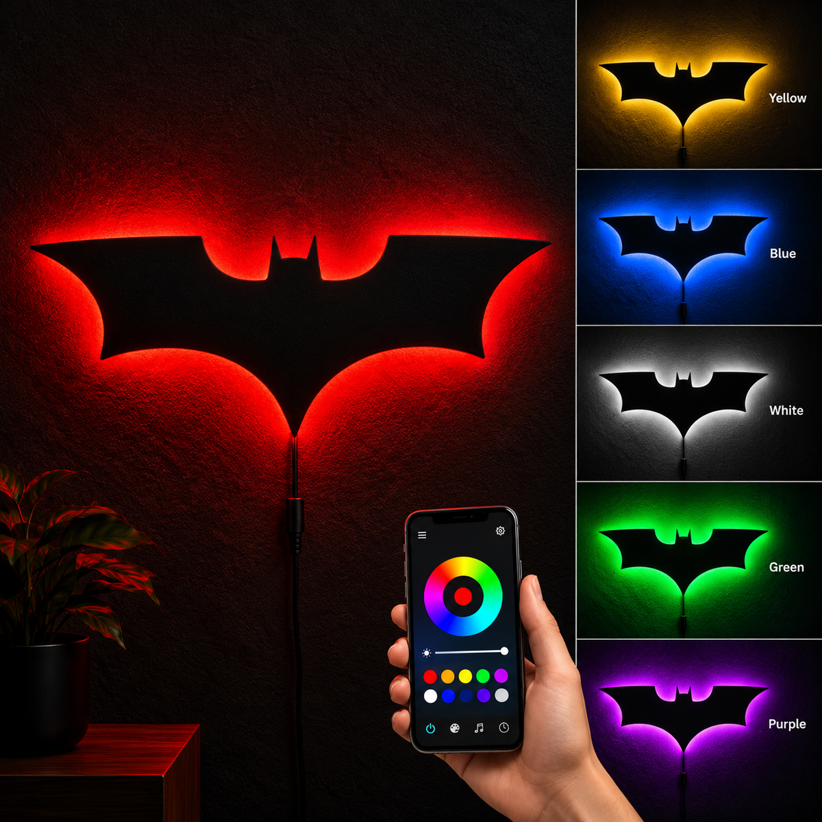 Premium Batman LED wall lamp with black emblem and red glowing light