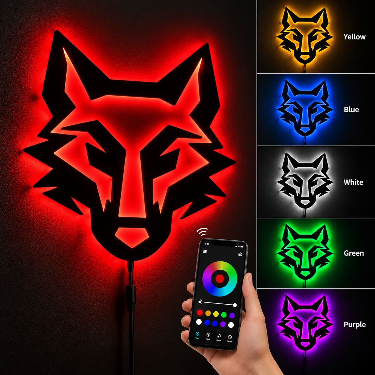 Wolf face LED wall lamp with vibrant pink and blue backlighting for gaming room and bedroom decor
