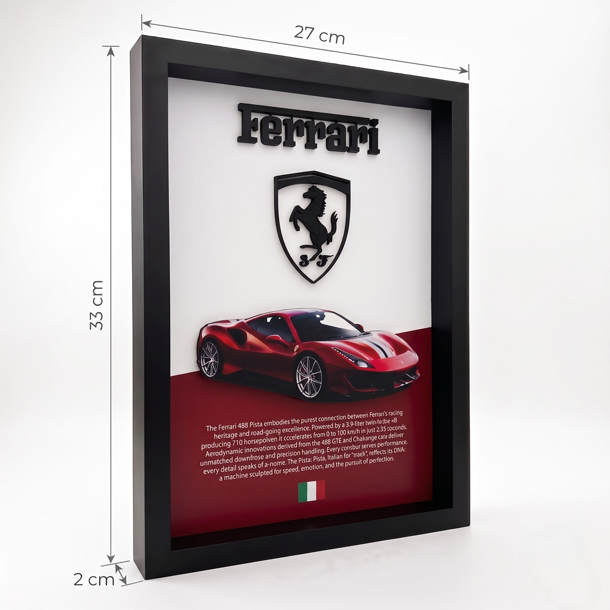 Premium Ferrari 488 Pista 3D wall frame with Ferrari emblem, red sports car and black shadow box frame