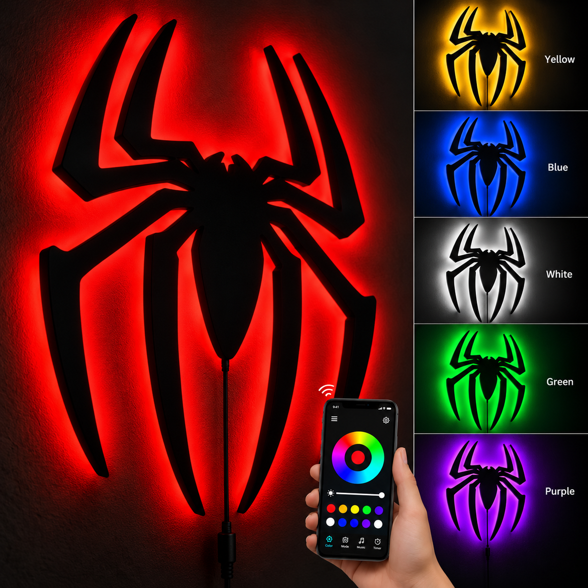 Premium Spider-Man LED wall lamp with black spider emblem and red glowing light