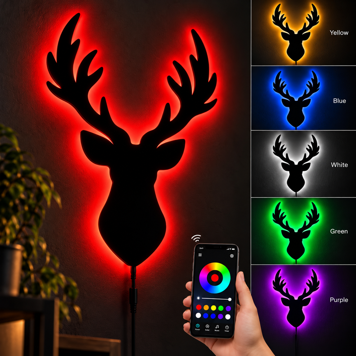 Deer head LED wall lamp with black antler silhouette and warm yellow glowing light against a blue background
