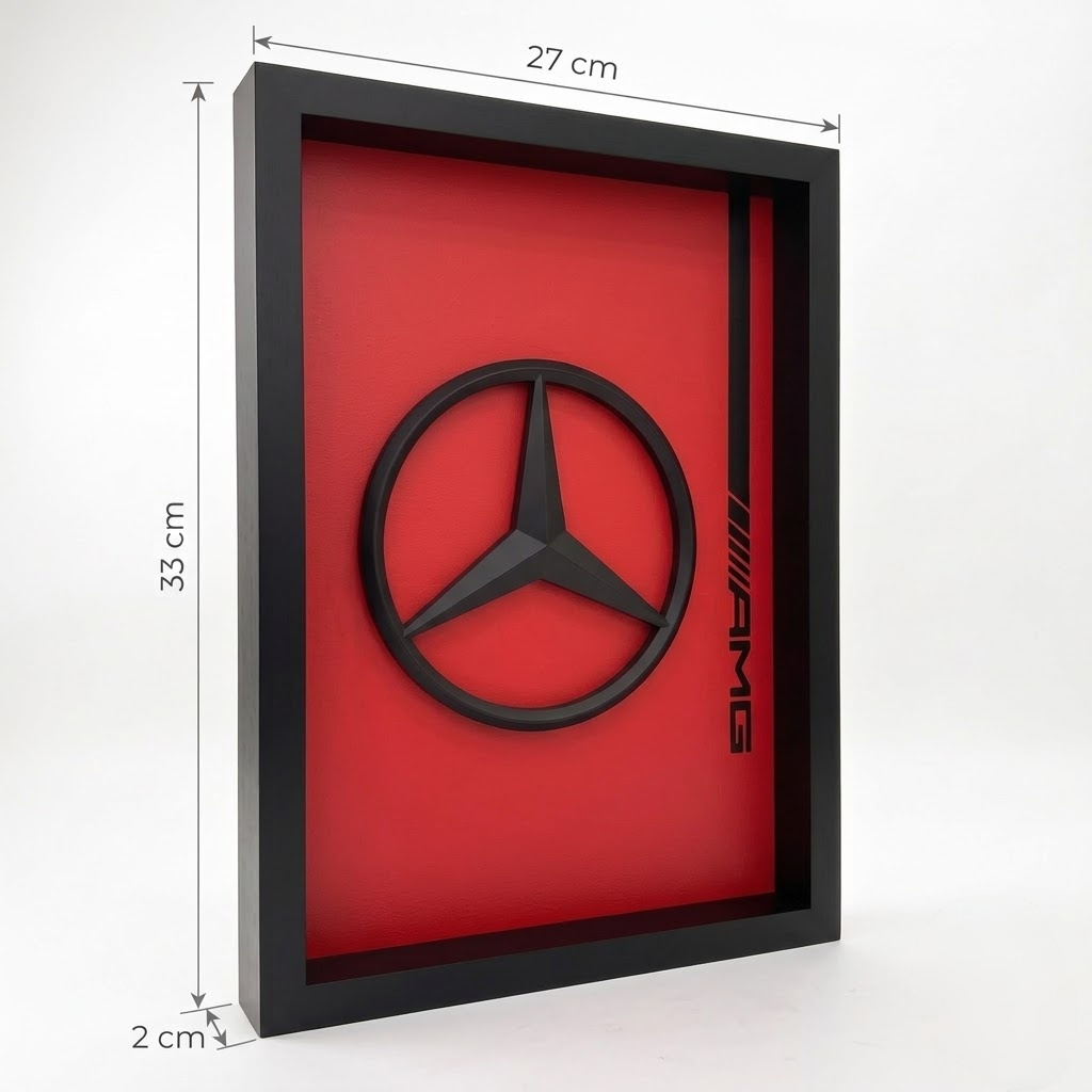 Premium Mercedes AMG 3D frame with black Mercedes logo on red background