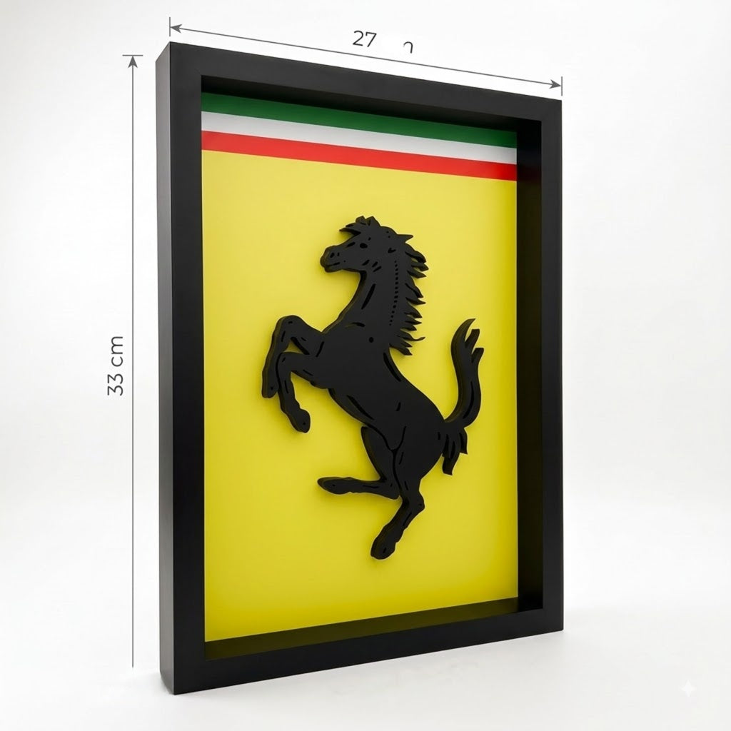 Premium Ferrari  3D wall frame with Ferrari emblem, red sports car and black shadow box frame