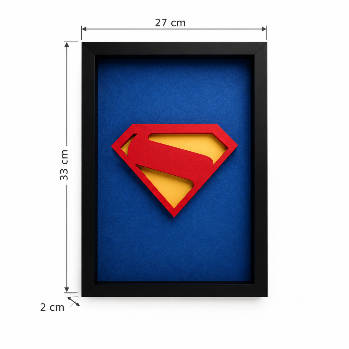 Premium Superman 3D frame with red and yellow emblem on blue background and black shadow box frame