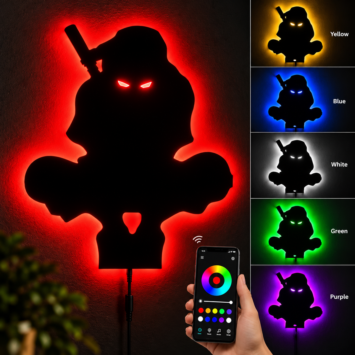 Premium Ninja LED Wall Lamp with black ninja silhouette and warm white ambient backlighting
