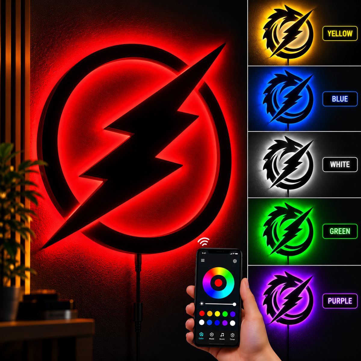 Premium Flash LED wall lamp with black lightning bolt and red yellow glowing light