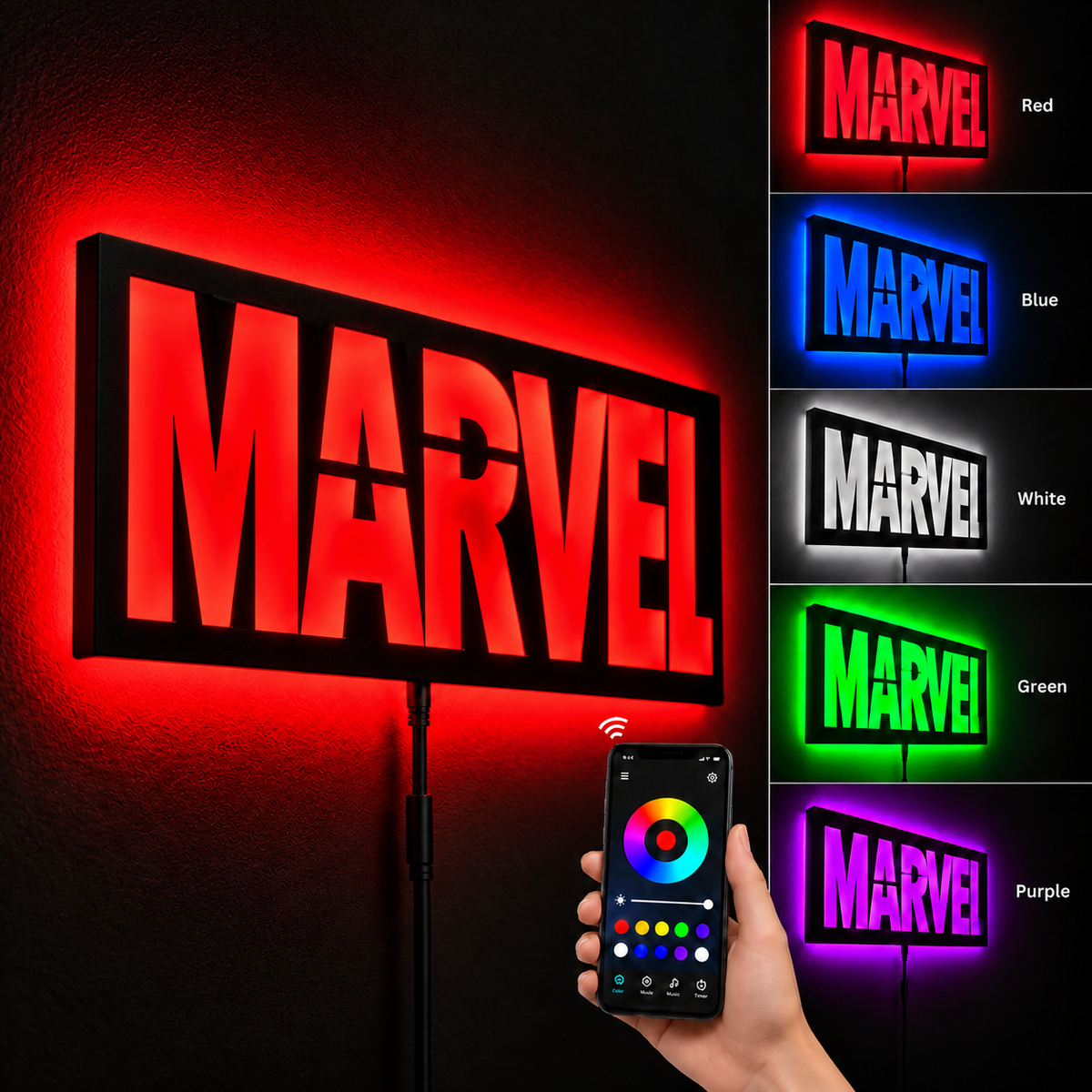 Marvel logo LED wall lamp with yellow lettering and vibrant red glowing background for superhero room decor
