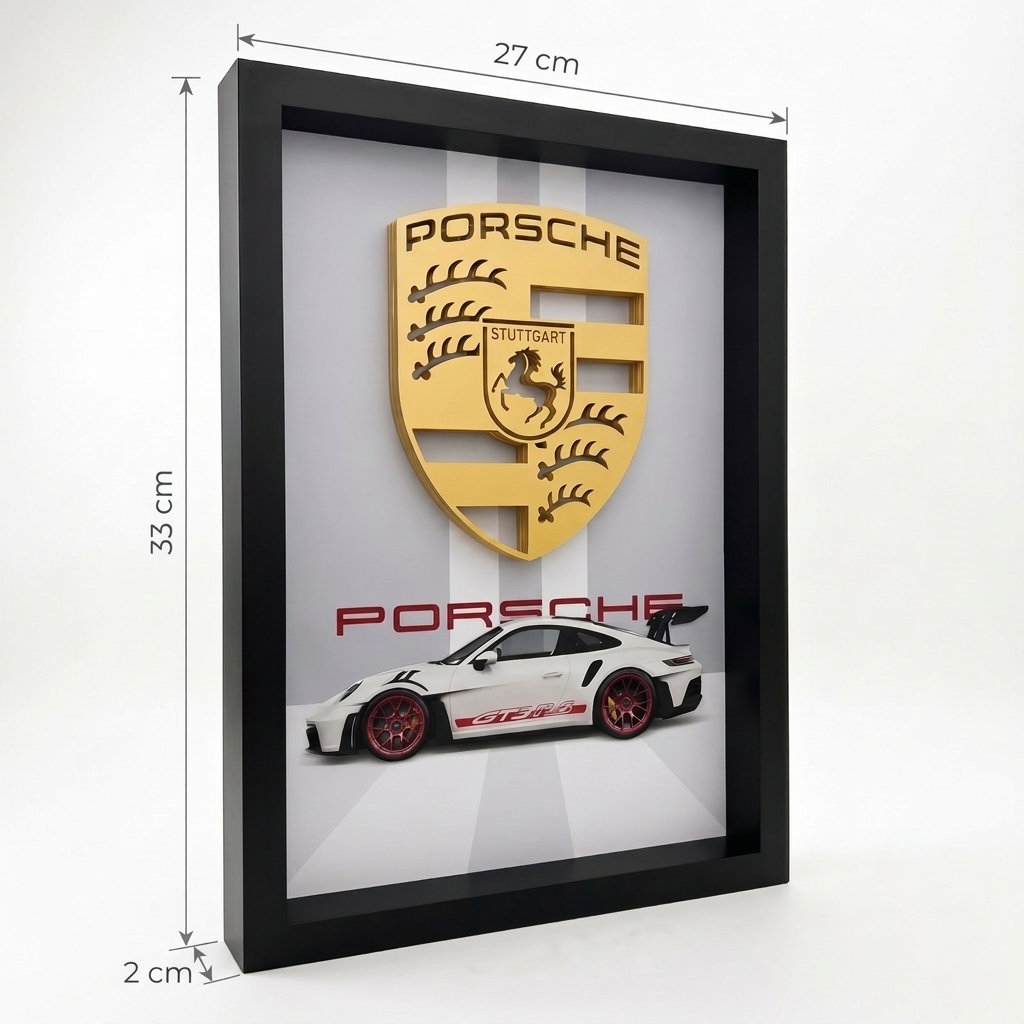 Premium Porsche car 3D wall frame with Porsche emblem and sports car design in a black shadow box frame