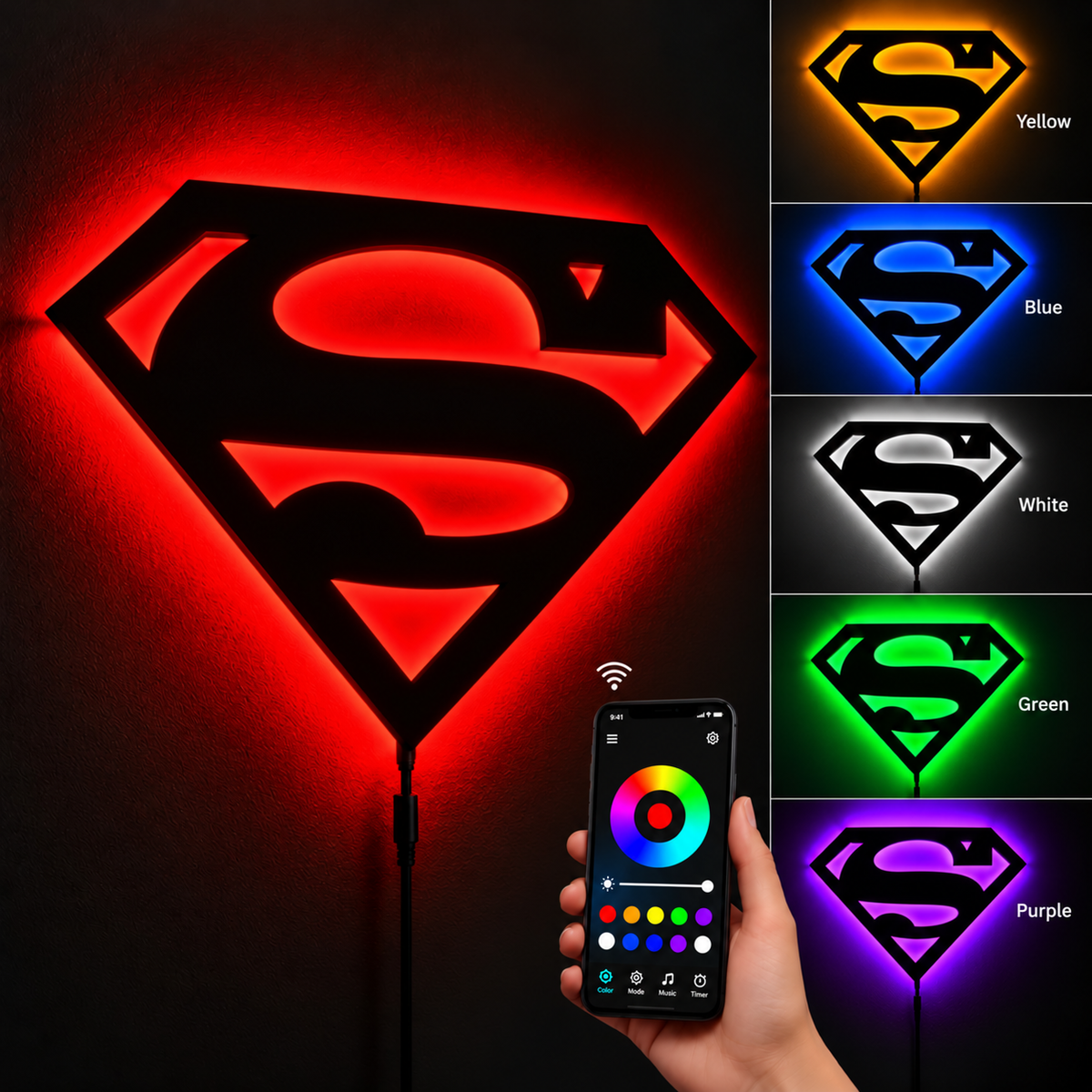 Premium Superman LED Wall Lamp with glowing superhero emblem wall decor