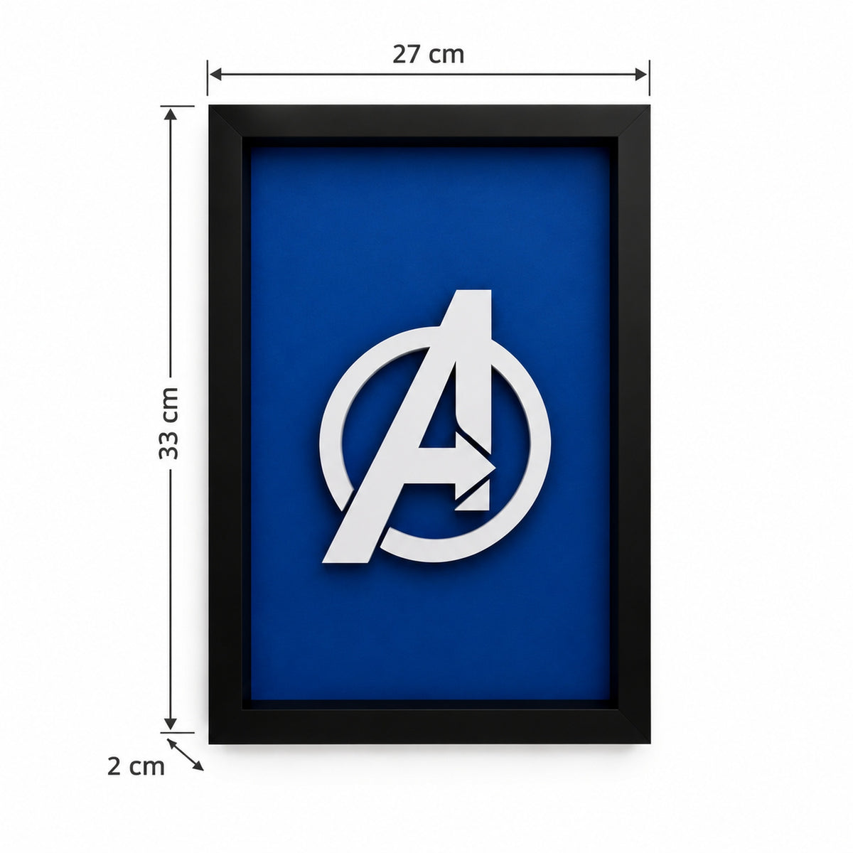 Premium Avengers 3D wall frame with silver Avengers emblem on deep blue background and black shadow box frame