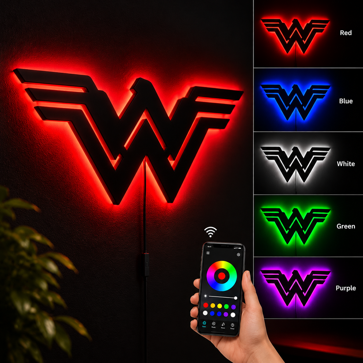 Wonder Woman logo LED wall lamp with golden-yellow glowing backlight for superhero bedroom and gaming room decor
