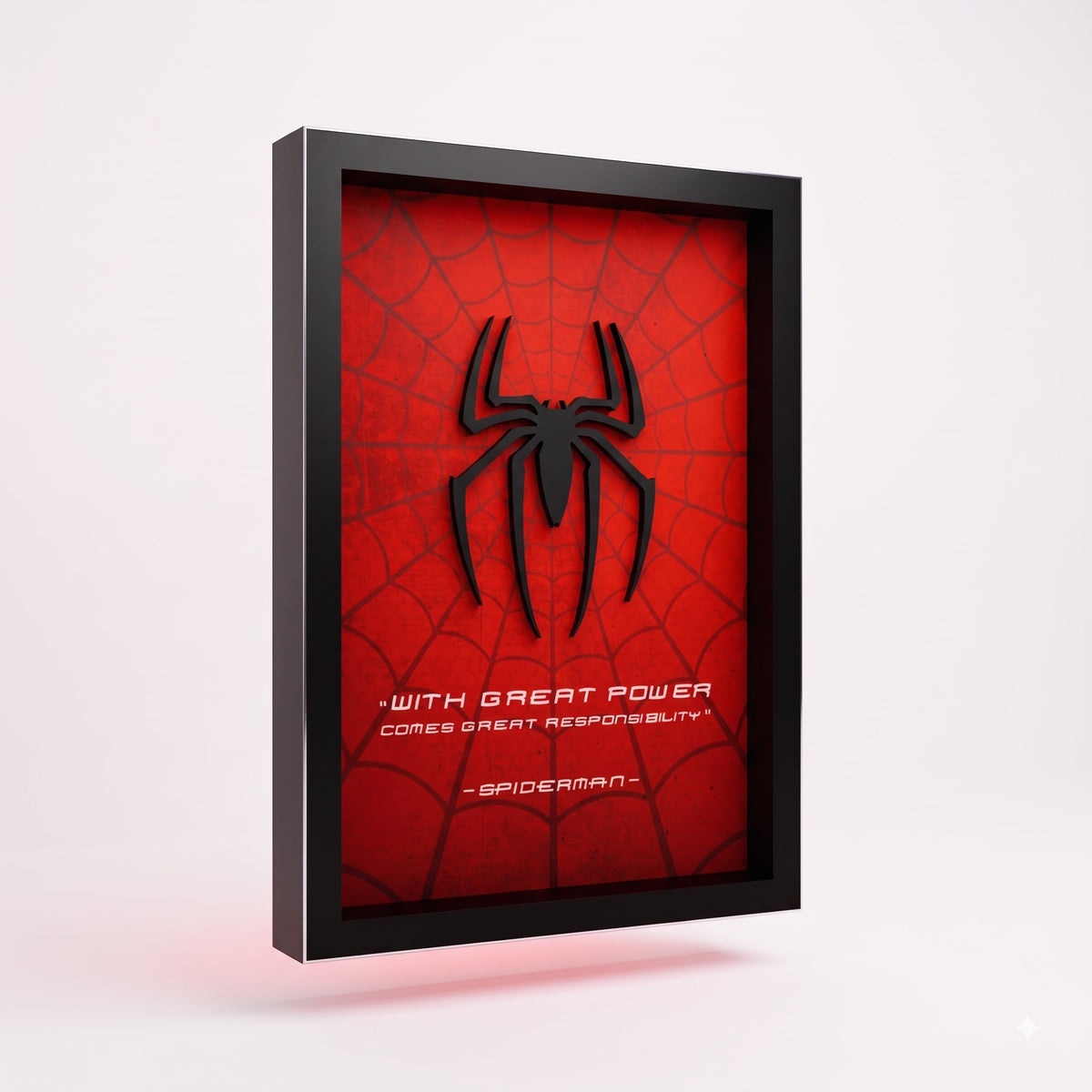 Spider-Man 3D wall frame with black raised spider emblem on red web background