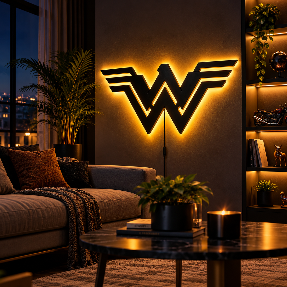 Wonder Woman logo LED wall lamp with golden-yellow glowing backlight for superhero bedroom and gaming room decor
