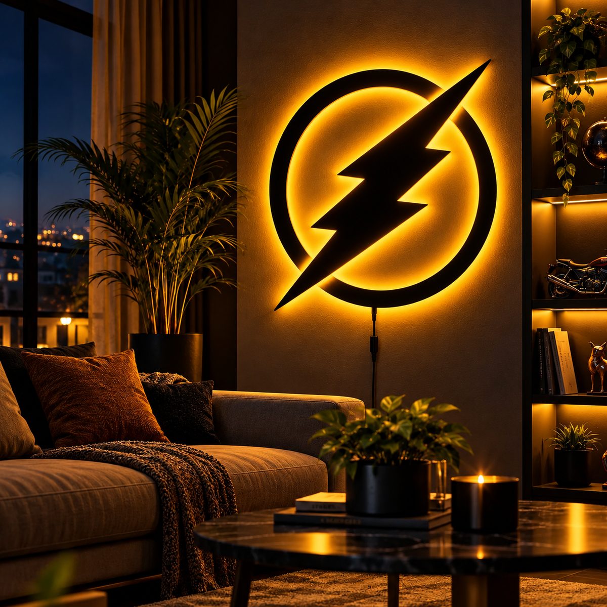 Premium Flash LED wall lamp with black lightning bolt and red yellow glowing light
