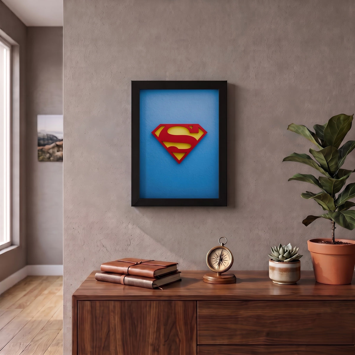 Premium Superman 3D shadow box frame with red and yellow emblem on blue background and black frame