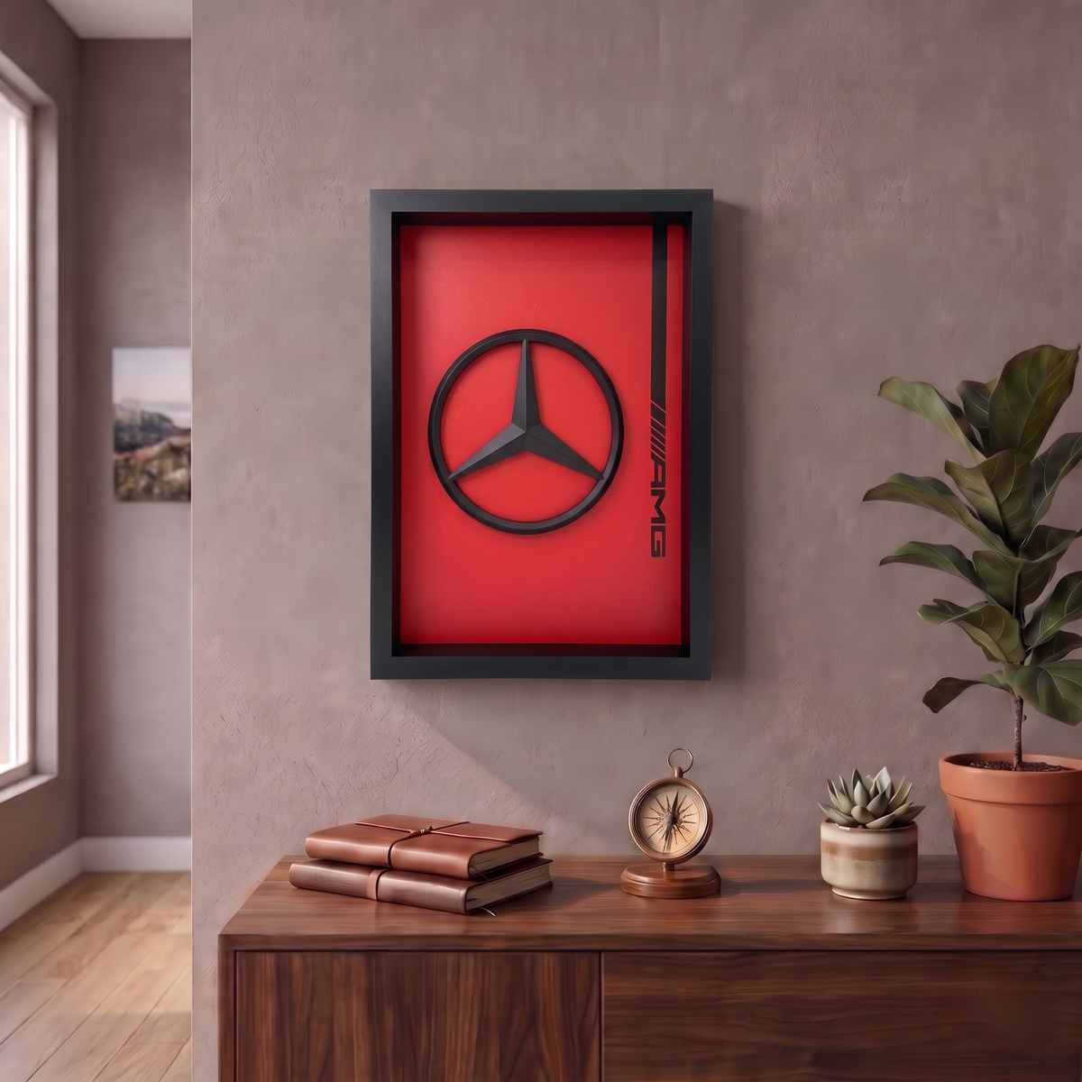 Premium Mercedes AMG 3D frame with black Mercedes logo on red background