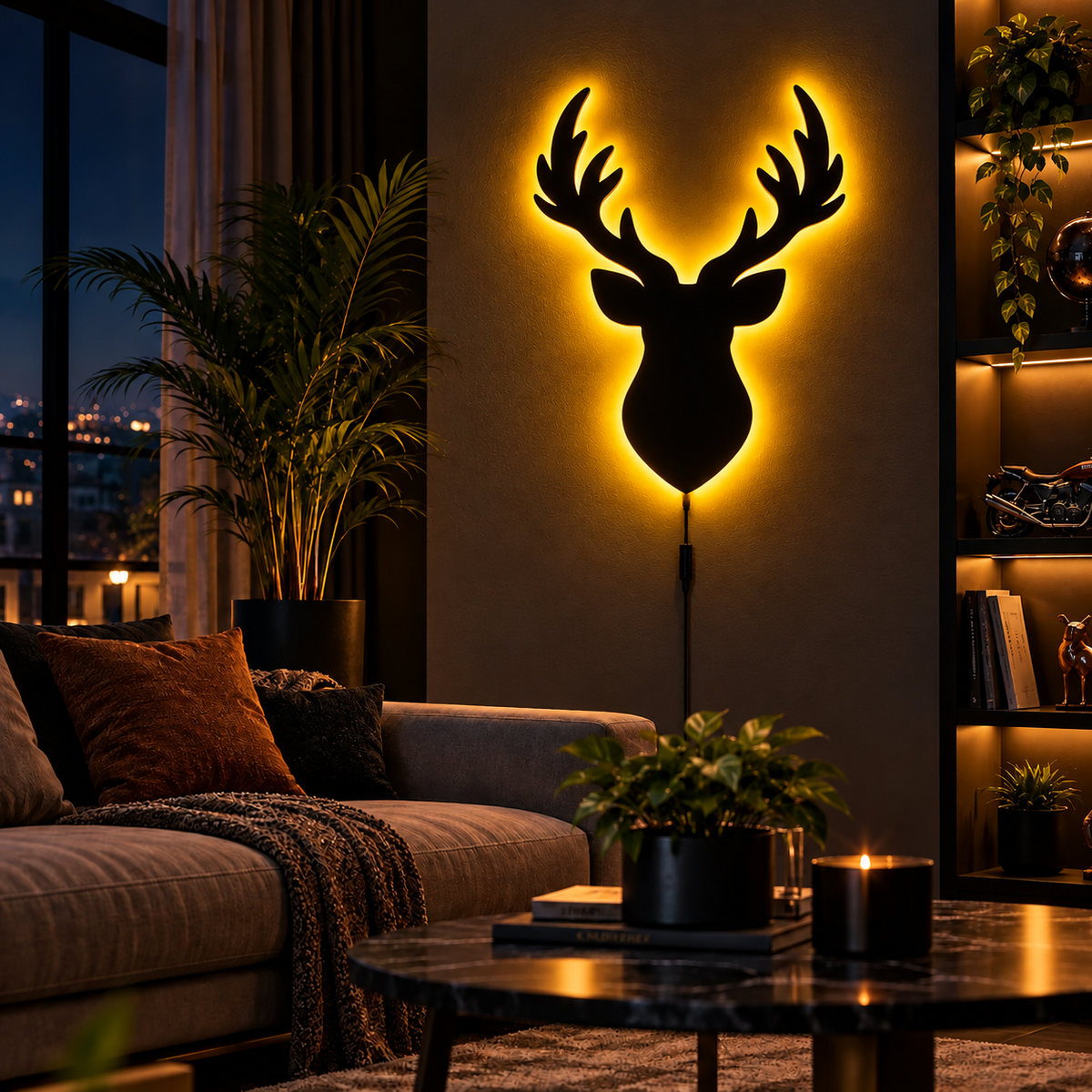 Deer head LED wall lamp with black antler silhouette and warm yellow glowing light against a blue background
