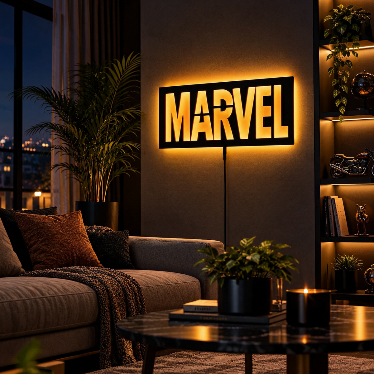 Marvel logo LED wall lamp with yellow lettering and vibrant red glowing background for superhero room decor

