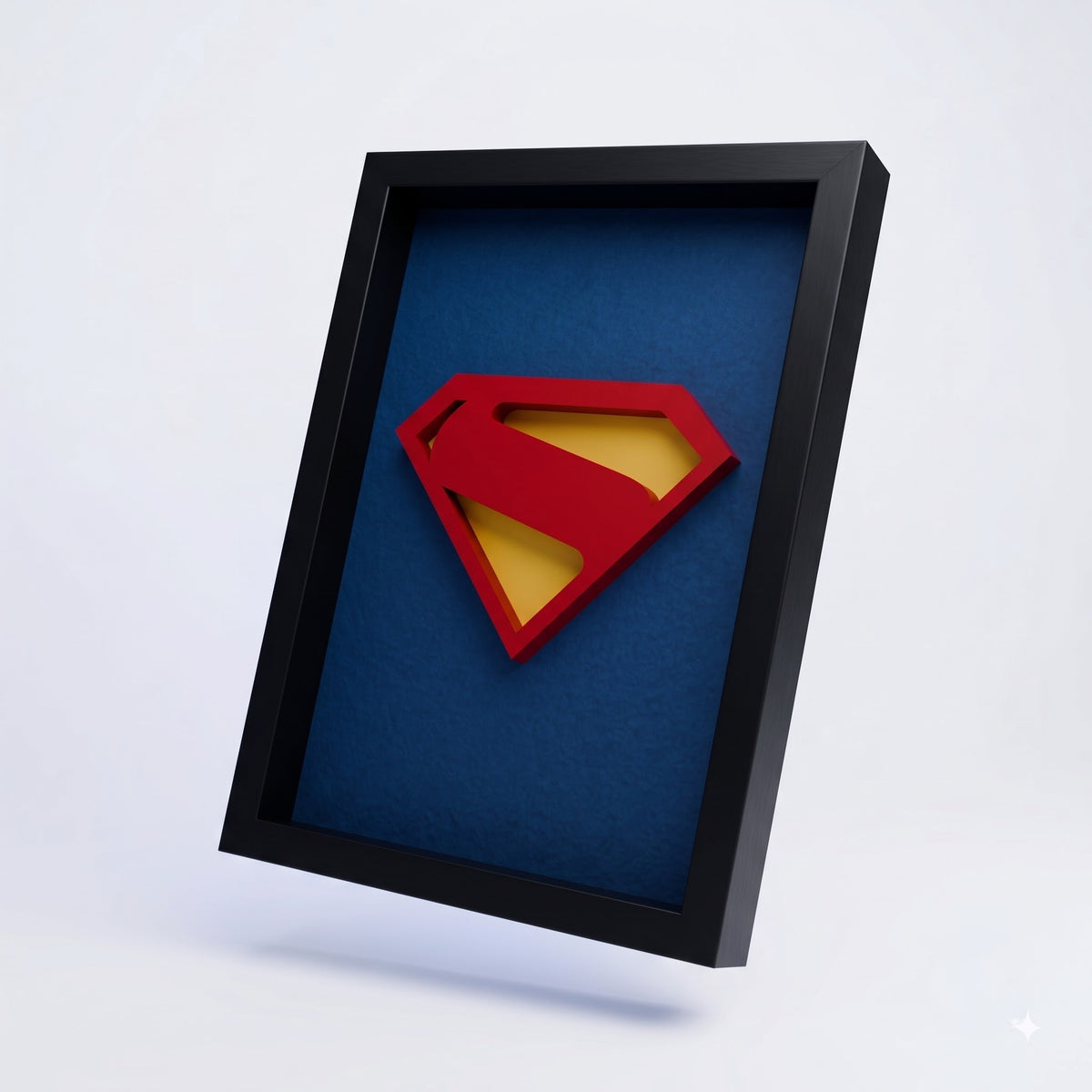 Premium Superman 3D frame with red and yellow emblem on blue background and black shadow box frame