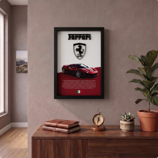 Premium Ferrari 488 Pista 3D wall frame with Ferrari emblem, red sports car and black shadow box frame