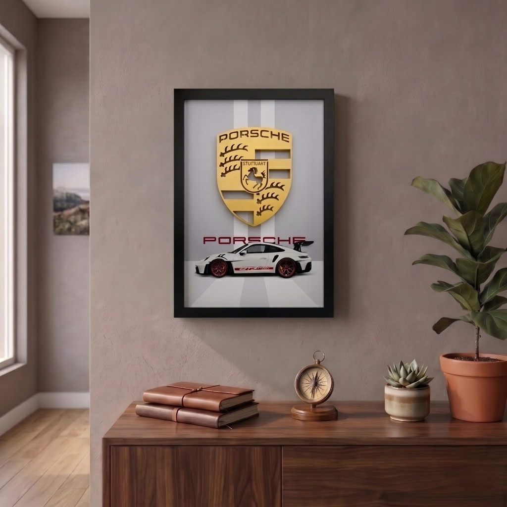 Premium Porsche car 3D wall frame with Porsche emblem and sports car design in a black shadow box frame