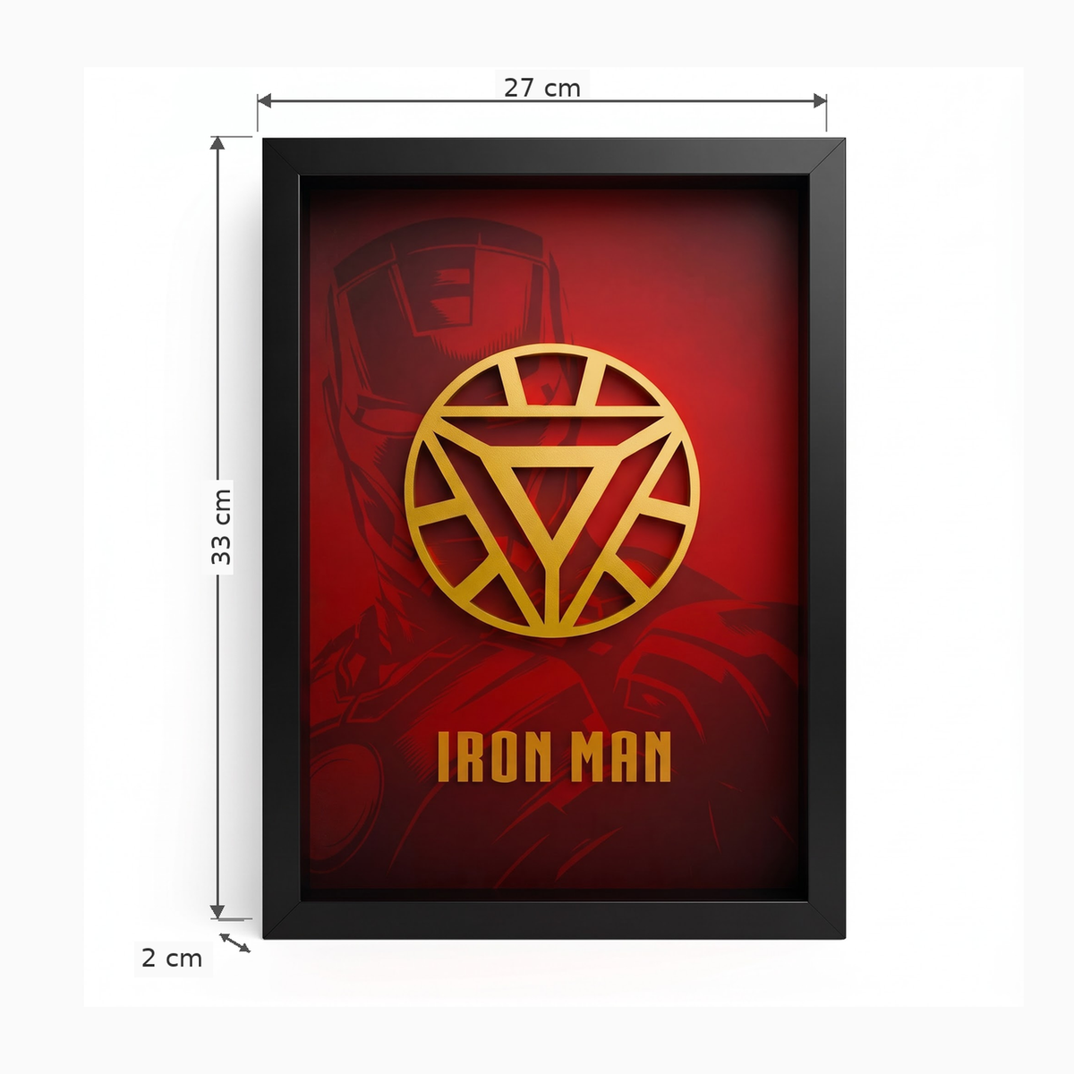 Iron Man 3D wall art frame with gold arc reactor and red superhero background