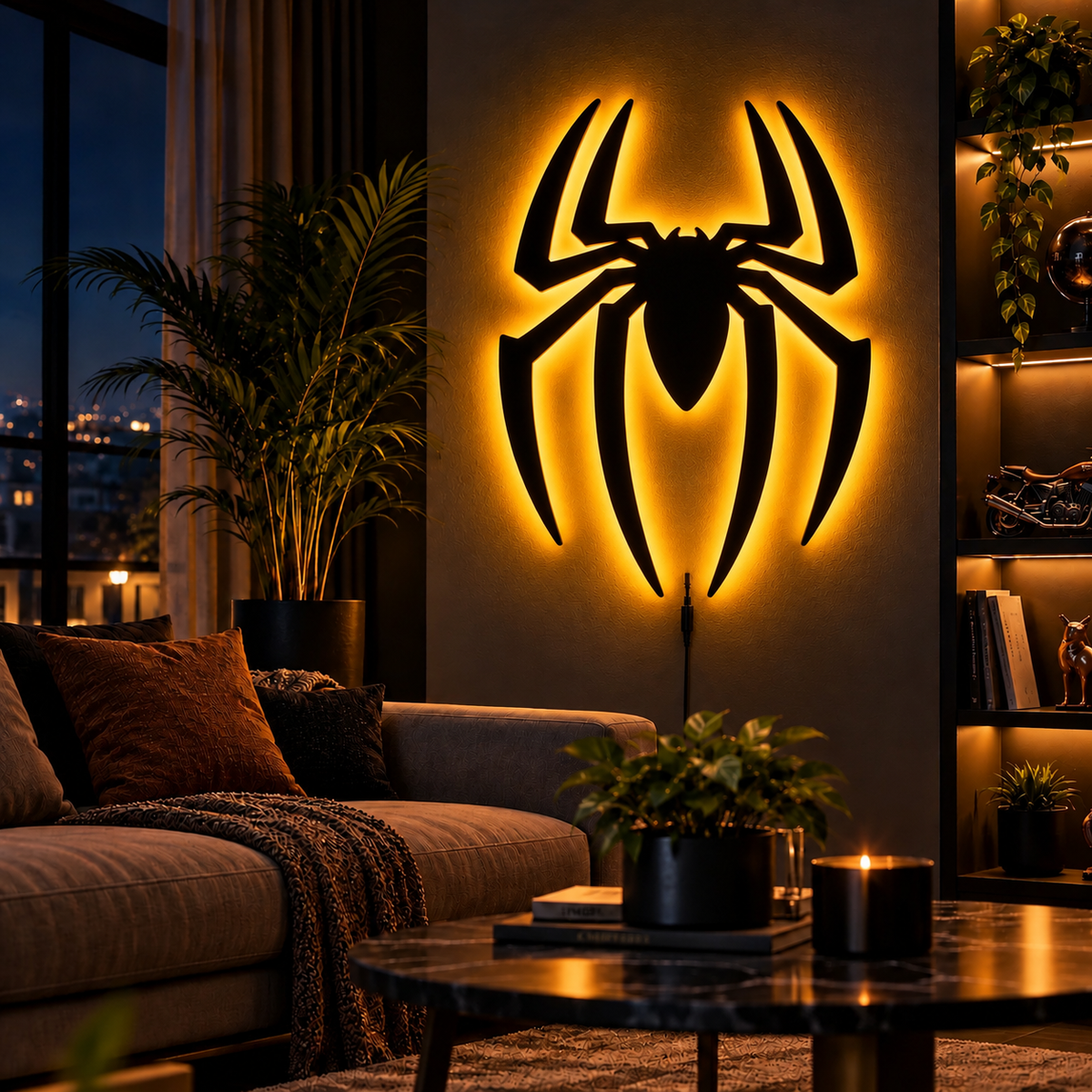 Premium Spider-Man LED wall lamp with black spider emblem and red glowing light