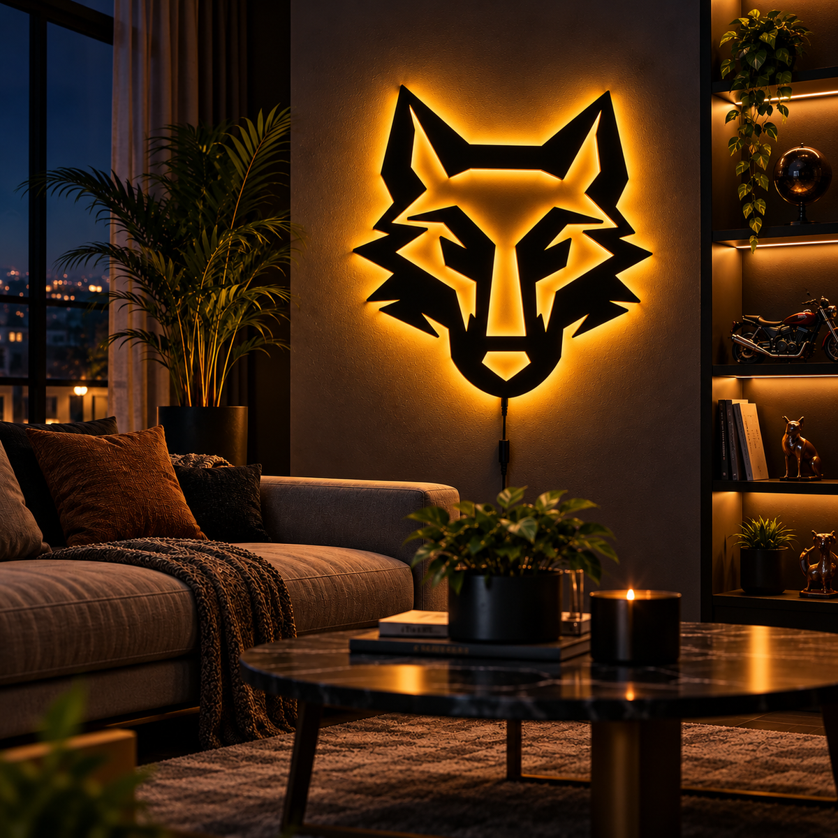 Wolf face LED wall lamp with vibrant pink and blue backlighting for gaming room and bedroom decor
