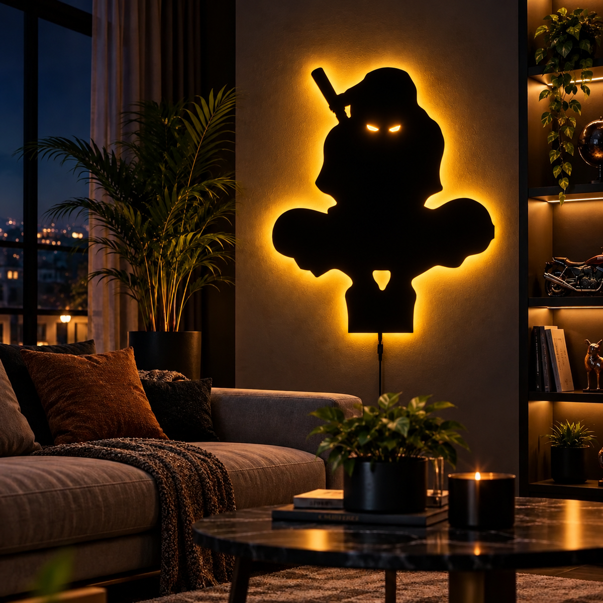 Premium Ninja LED Wall Lamp with black ninja silhouette and warm white ambient backlighting
