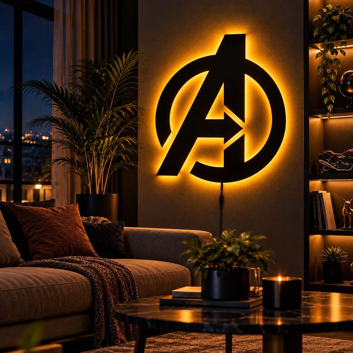 Premium Avengers LED wall lamp with black Avengers emblem and red glowing light