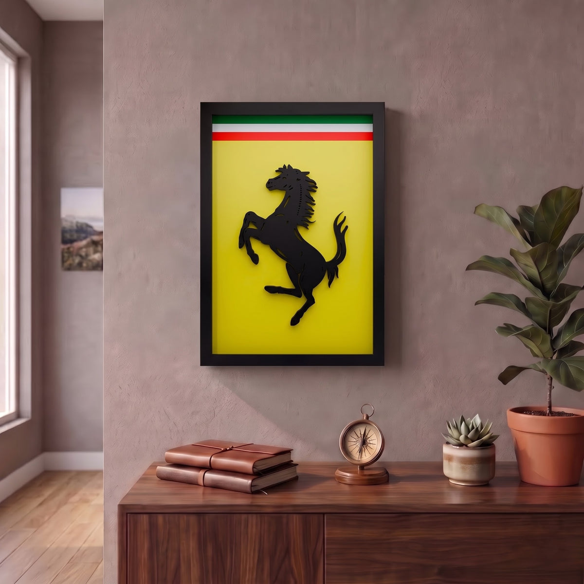 Premium Ferrari  3D wall frame with Ferrari emblem, red sports car and black shadow box frame