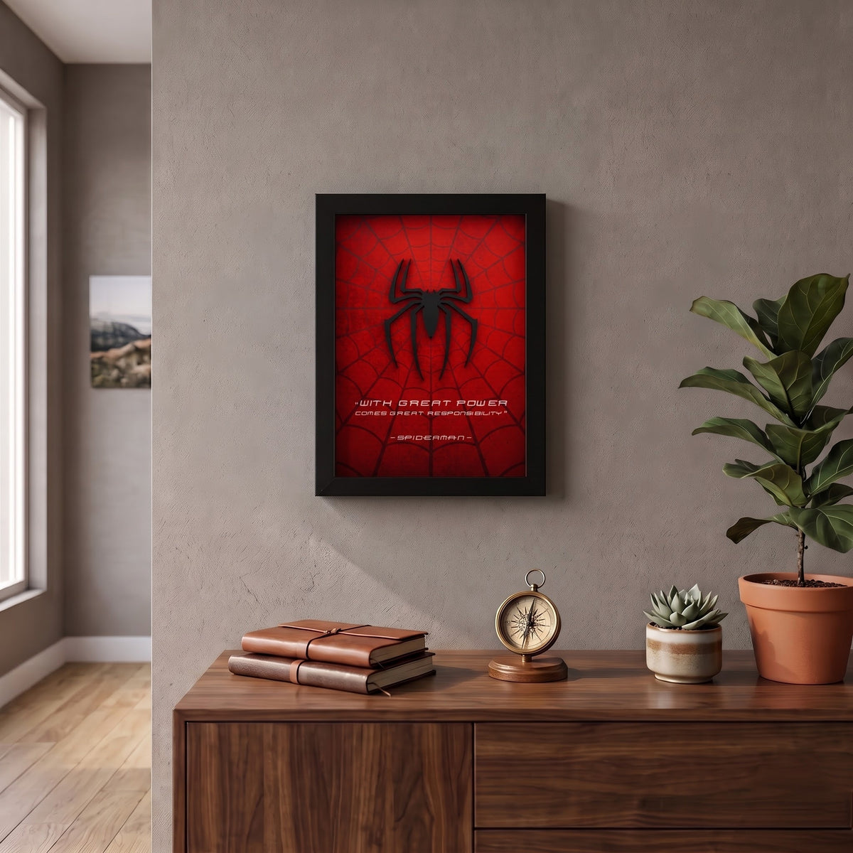 Spider-Man 3D wall frame with black raised spider emblem on red web background