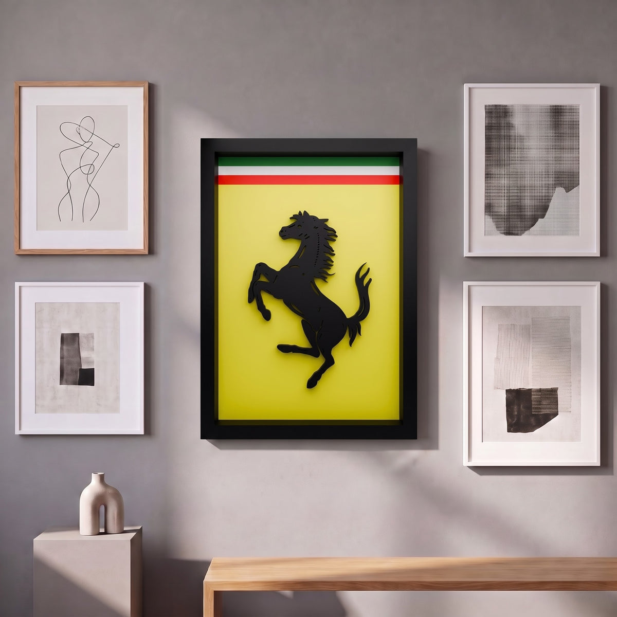 Premium Ferrari  3D wall frame with Ferrari emblem, red sports car and black shadow box frame