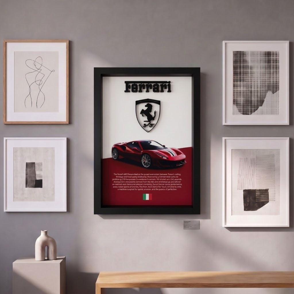 Premium Ferrari 488 Pista 3D wall frame with Ferrari emblem, red sports car and black shadow box frame