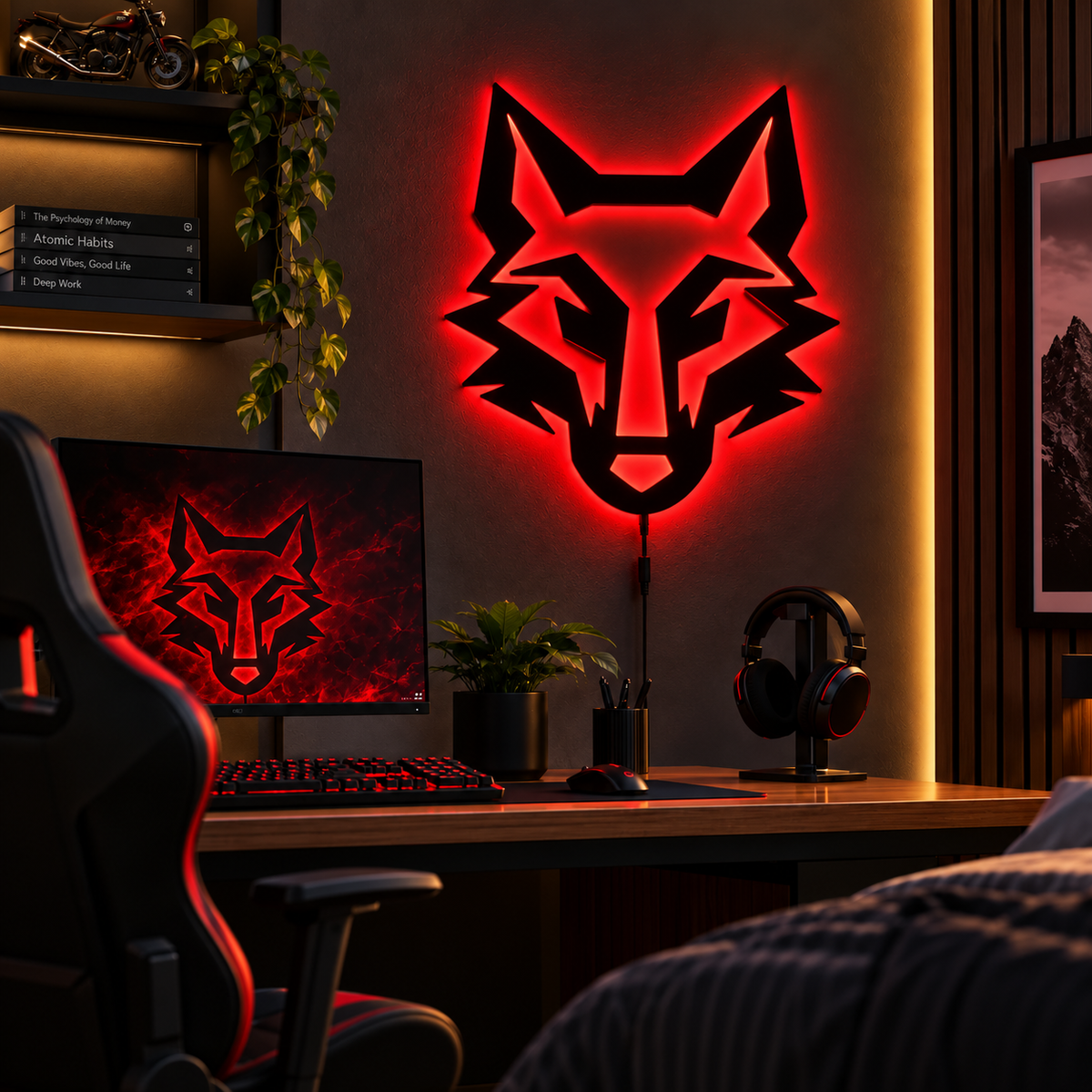 Wolf face LED wall lamp with vibrant pink and blue backlighting for gaming room and bedroom decor
