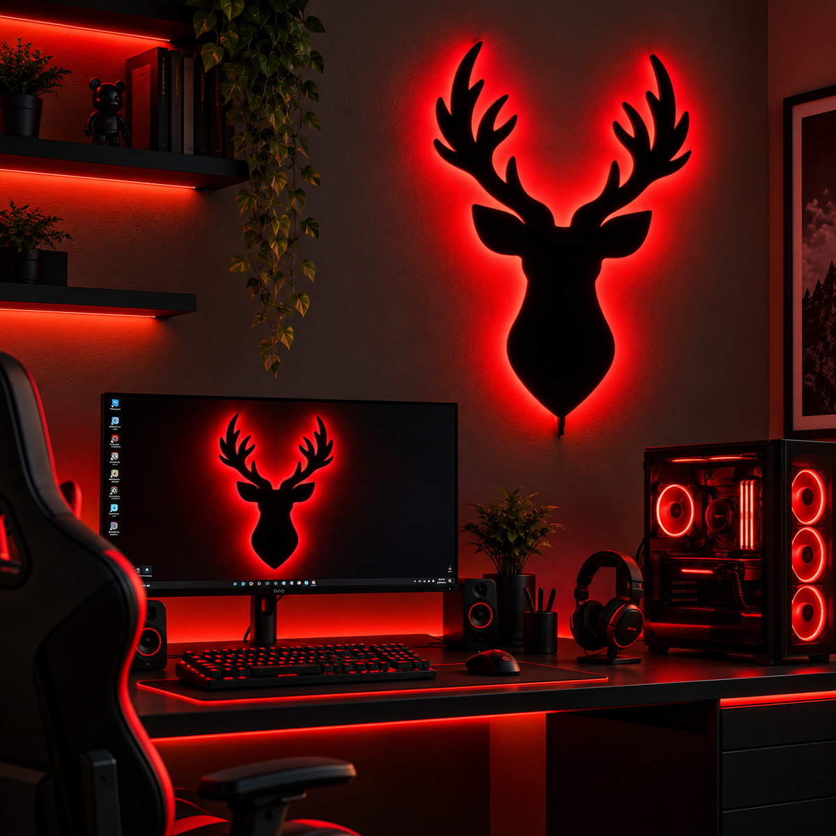 Deer head LED wall lamp with black antler silhouette and warm yellow glowing light against a blue background
