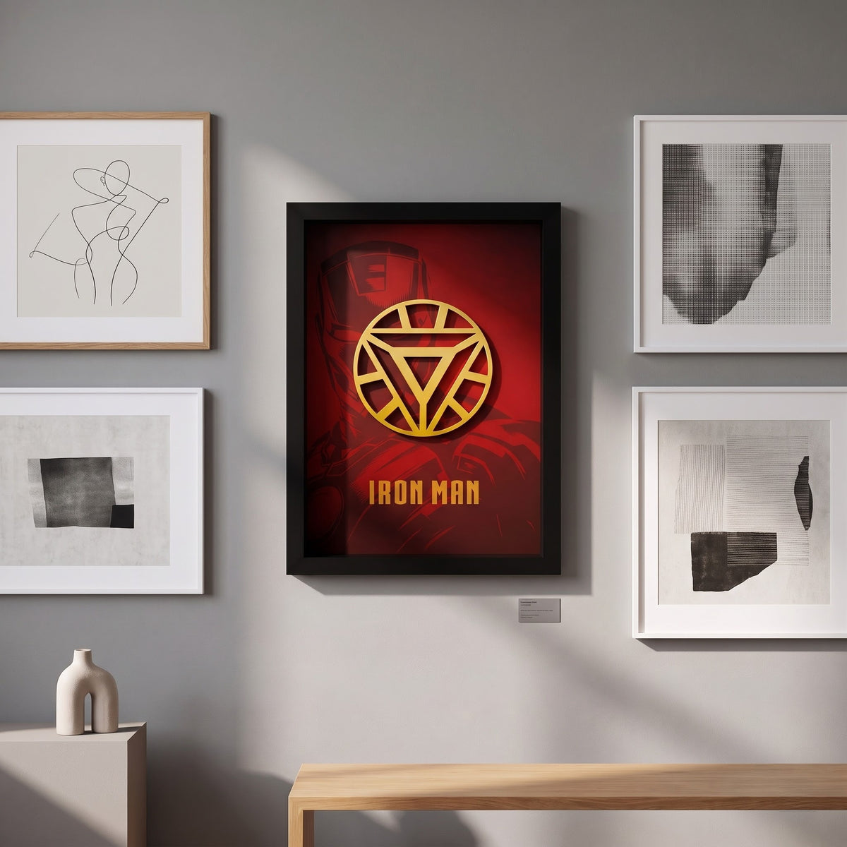 Iron Man 3D wall art frame with gold arc reactor and red superhero background