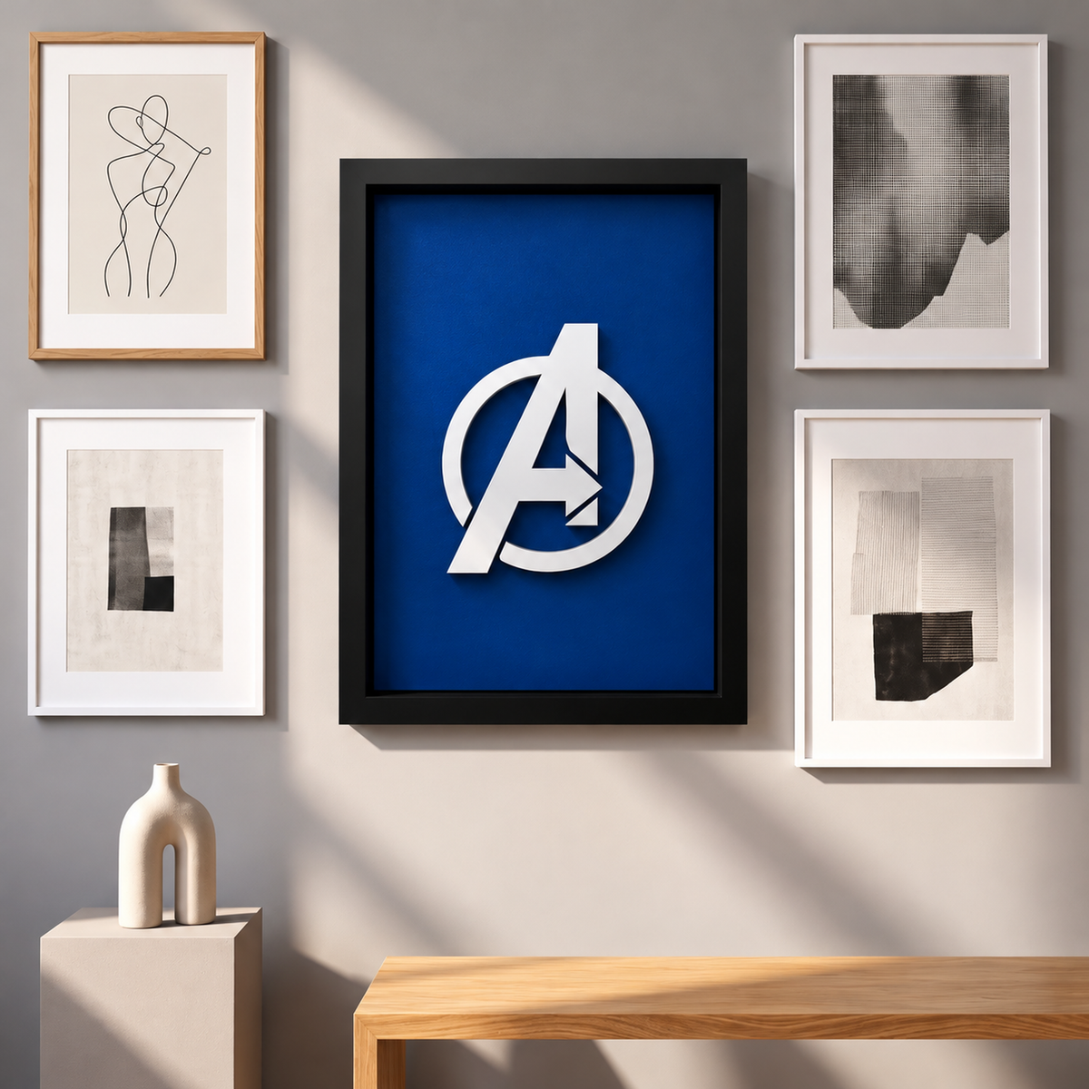 Premium Avengers 3D wall frame with silver Avengers emblem on deep blue background and black shadow box frame