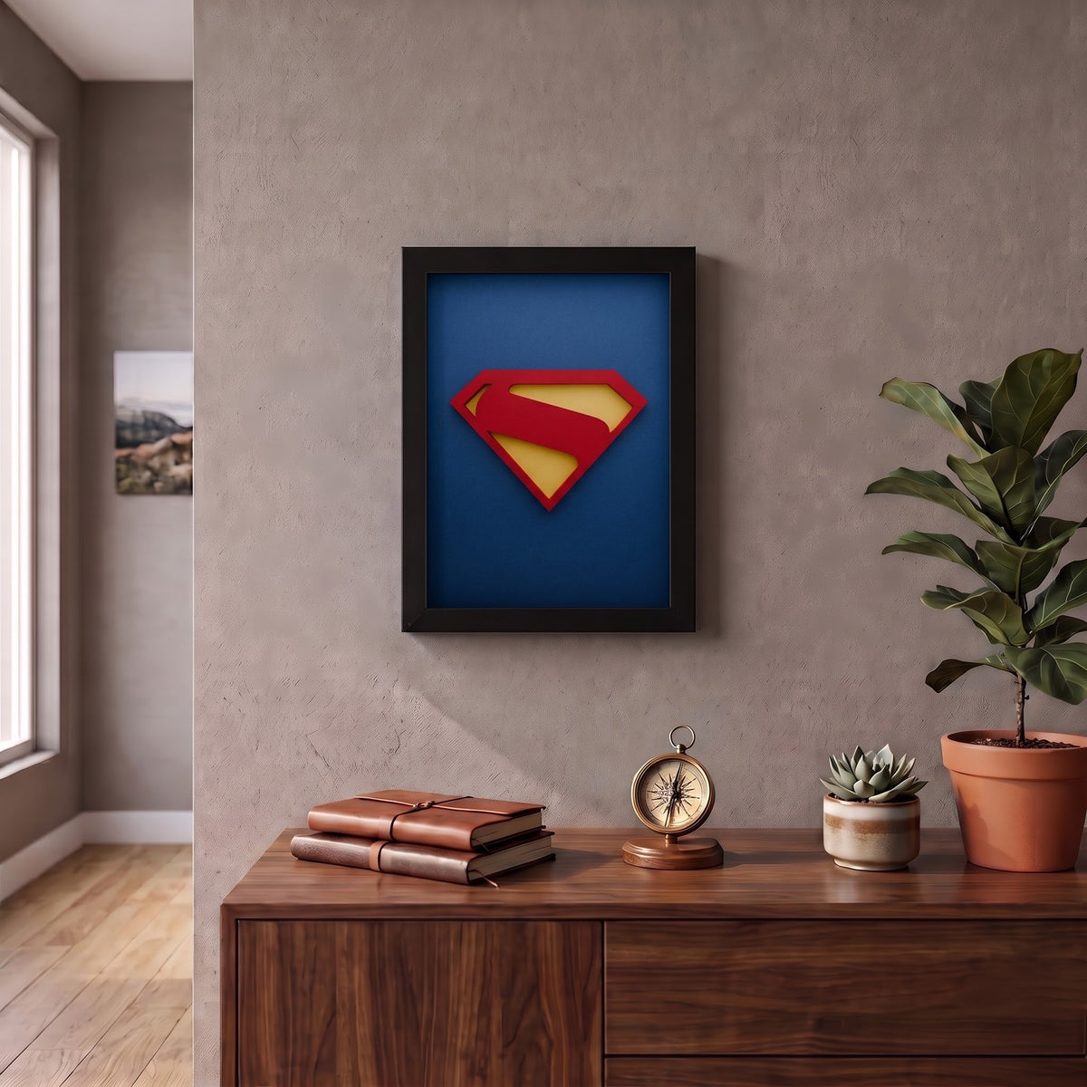Premium Superman 3D frame with red and yellow emblem on blue background and black shadow box frame