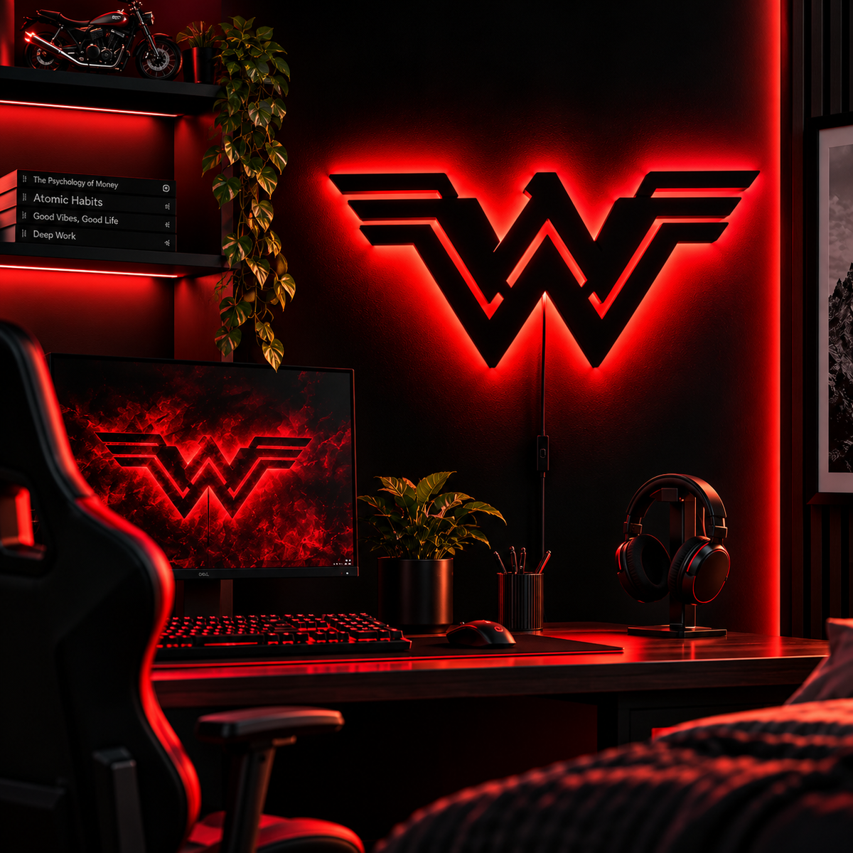 Wonder Woman logo LED wall lamp with golden-yellow glowing backlight for superhero bedroom and gaming room decor

