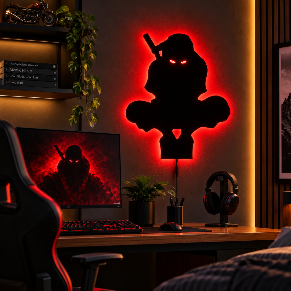 Premium Ninja LED Wall Lamp with black ninja silhouette and warm white ambient backlighting
