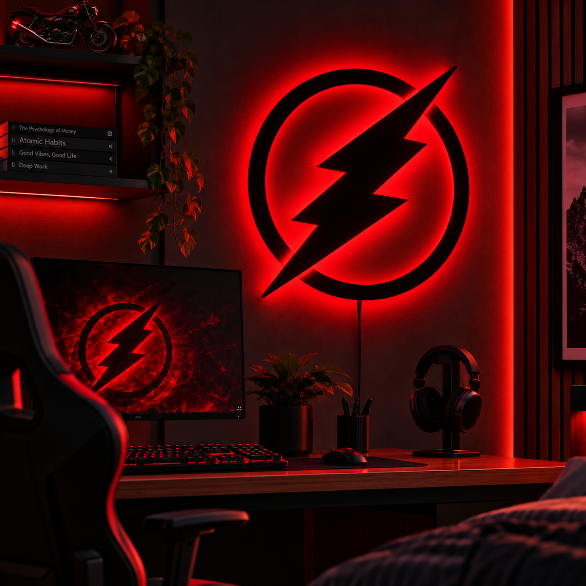 Premium Flash LED wall lamp with black lightning bolt and red yellow glowing light